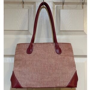 Woven Canvas and Burgundy Leather Trim Tote Bag Shoulder Purse Red White